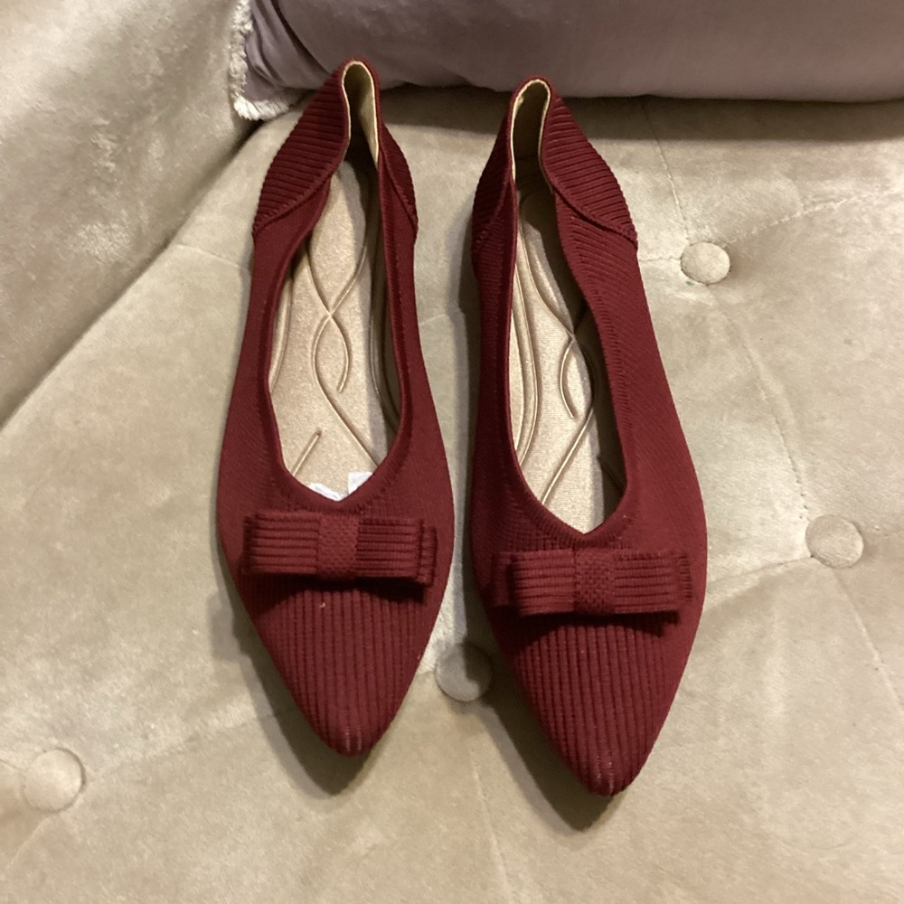Women's Pointed Toe Bow Flats in Burgundy